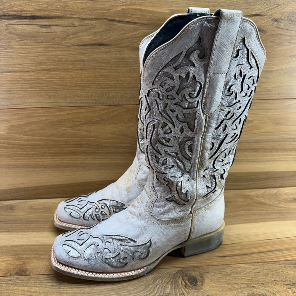 JB Dillon White Silver Inlay Western Boots 8.5 Wedding Rodeo Festival Glitter